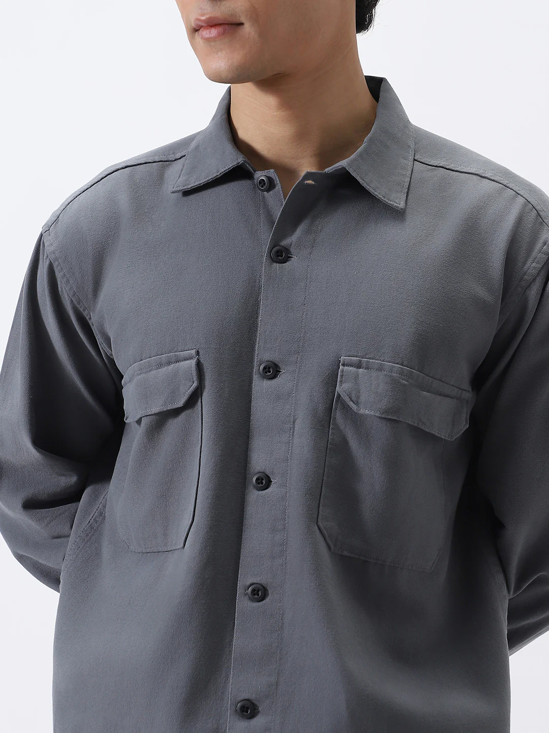 Men's Grey Cotton Full Sleeve Relaxed Fit Shacket with Utility Pockets - Image 6