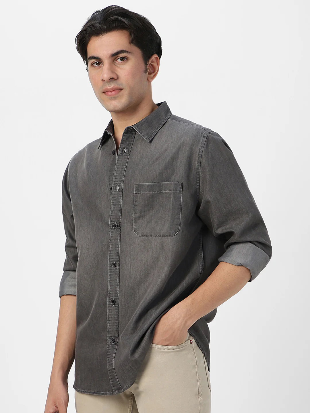 Men's Grey Full Sleeve Regular Fit Casual Denim Shirt - Image 3