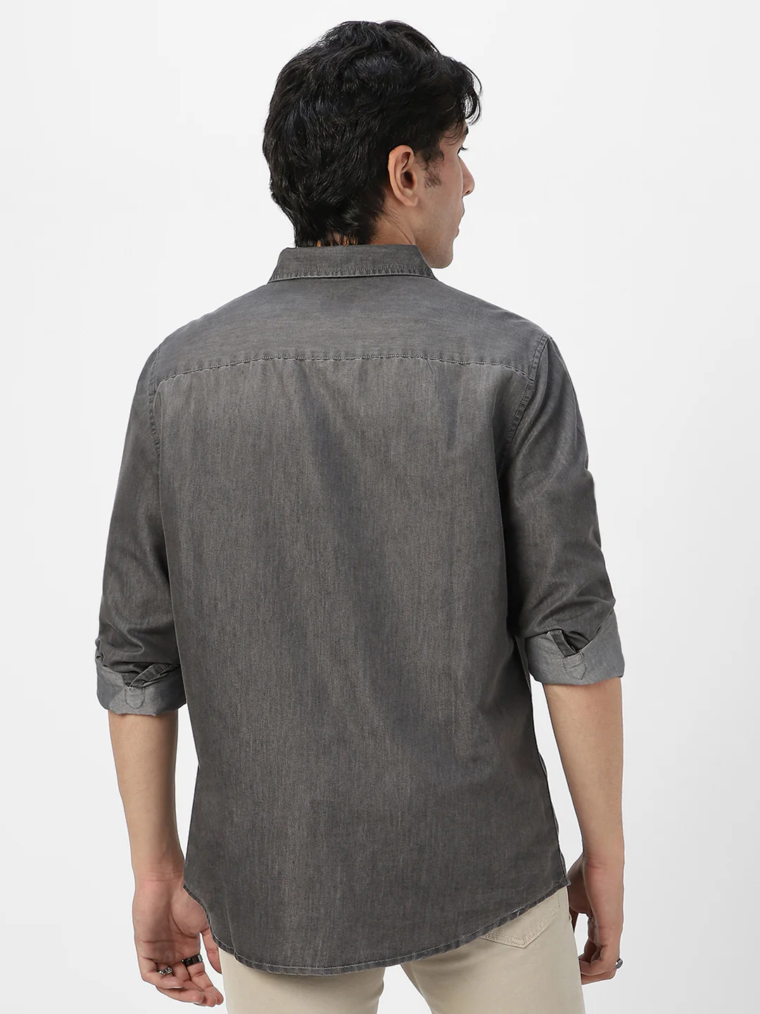 Men's Grey Full Sleeve Regular Fit Casual Denim Shirt - Image 4