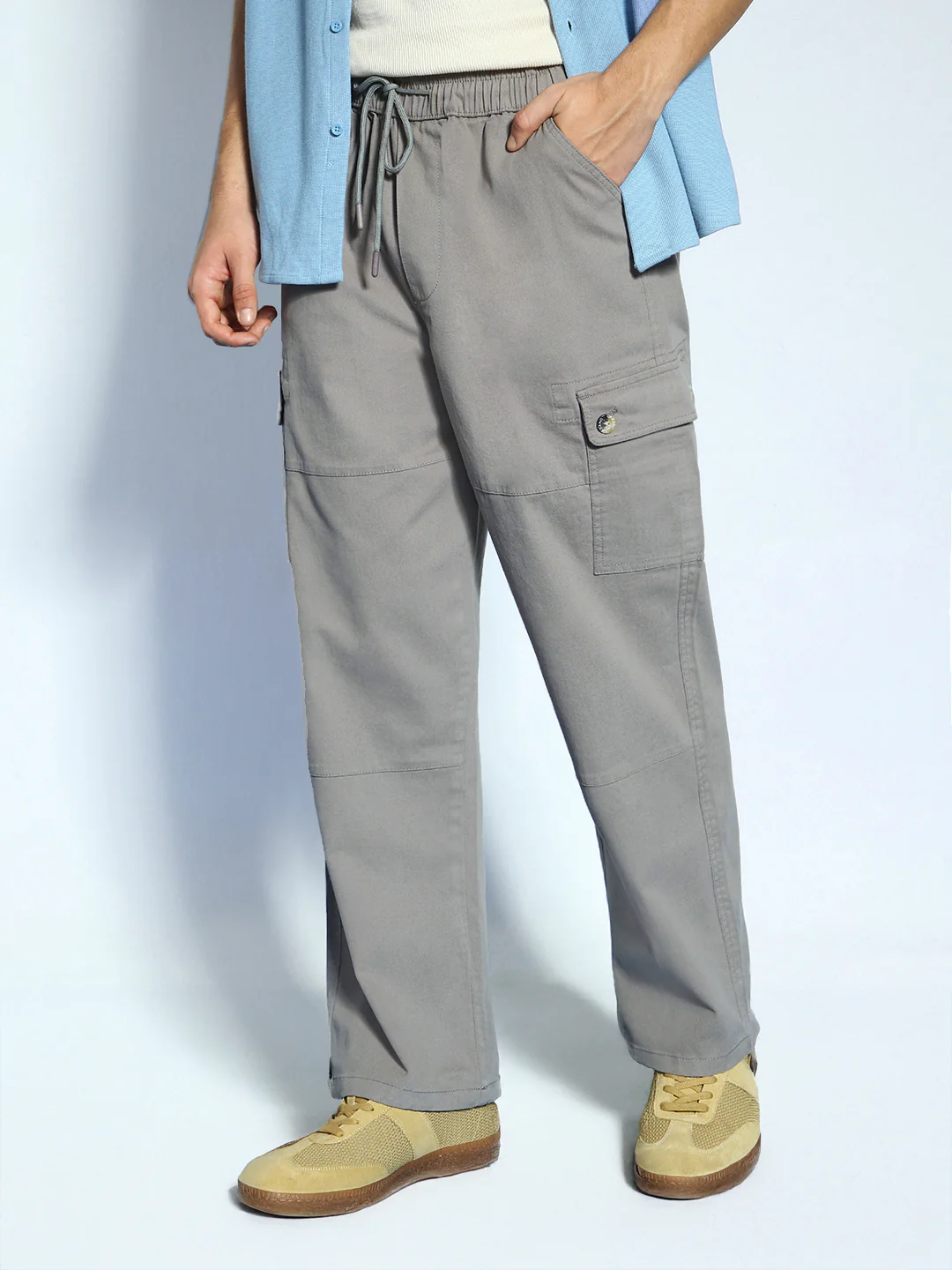 Men's Grey Loose Baggy Fit Cargo Jogger Chino Pant with 6 Pockets Stretchable