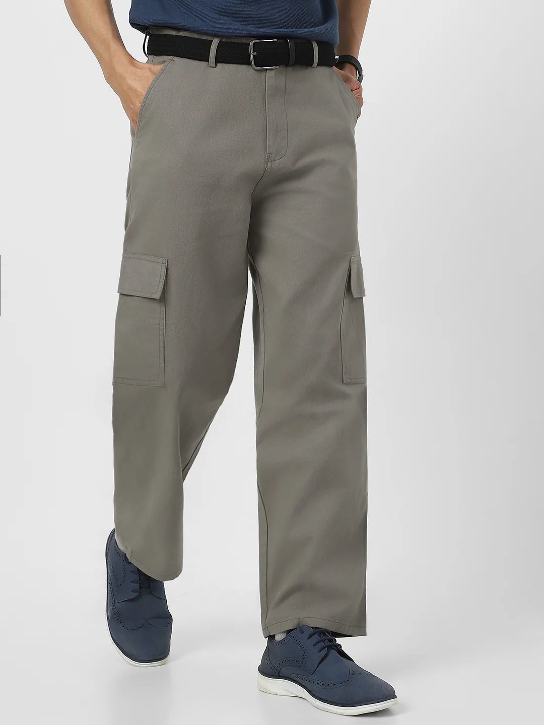 Urbano Fashion Men's Grey Loose Baggy Fit Solid Cargo Chino Pant with 6 Pockets Non-Stretchable