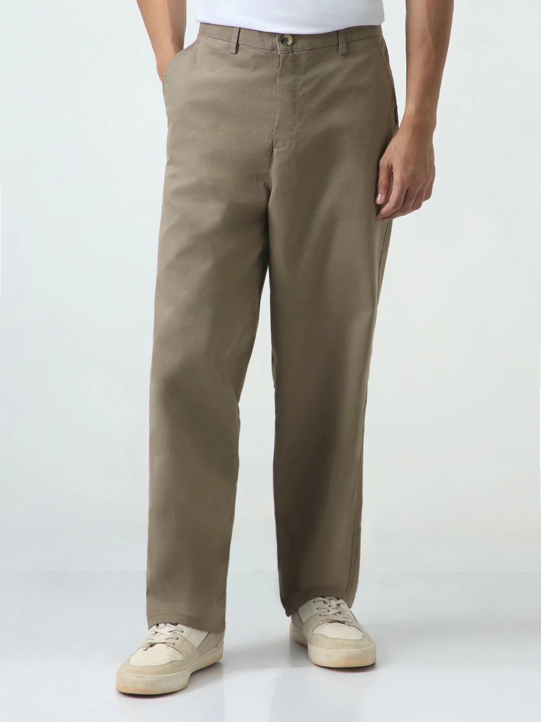 Men's Grey Loose Baggy Fit Solid Chino Trousers Non-Stretchable