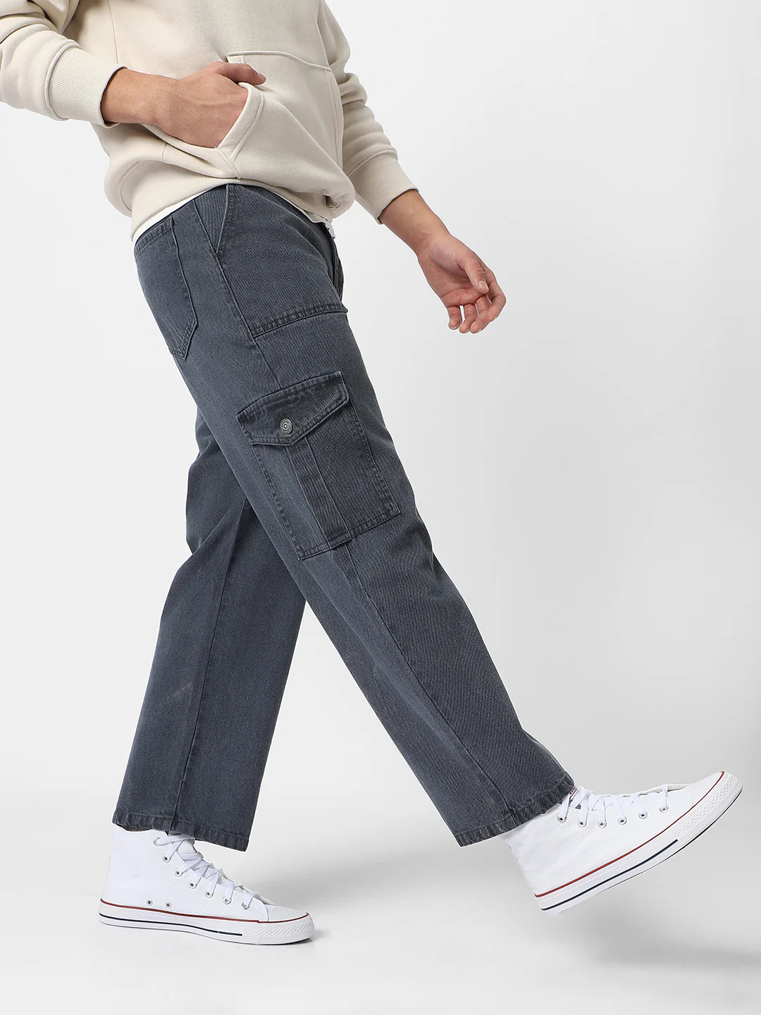 Men's Grey Loose Fit Cargo Jeans with 6 Pockets Non-Stretchable - Image 2