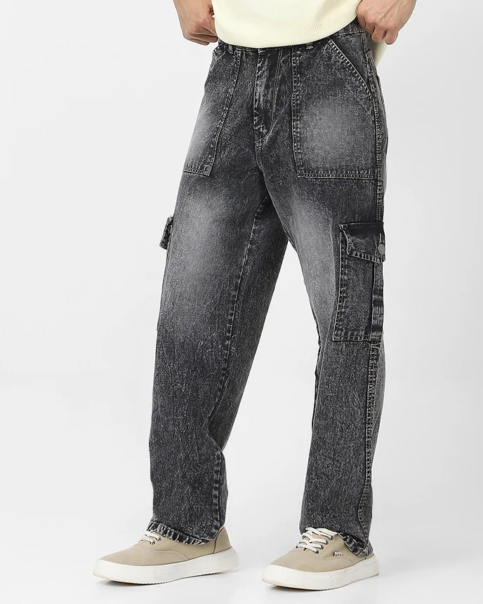 Men's Grey Loose Fit Cargo Jeans With 6 Pockets Non Stretchable - Image 2