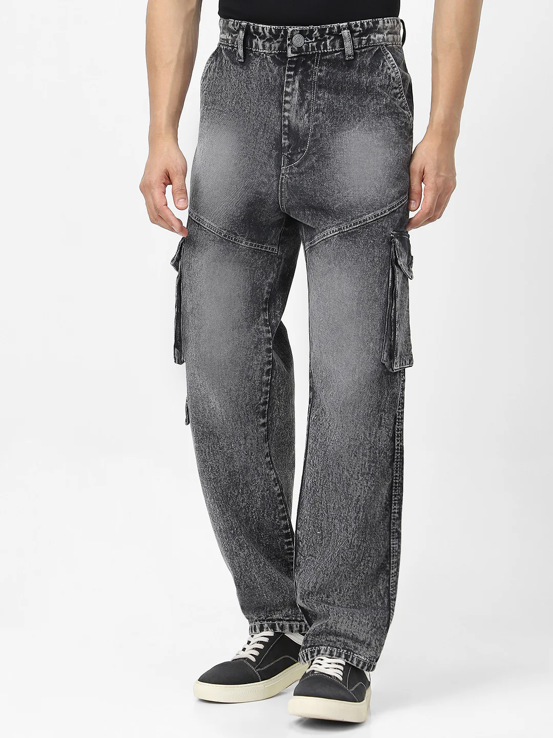 Men's Grey Loose Fit Cargo Jeans With 7 Pockets Non Stretchable - Image 2