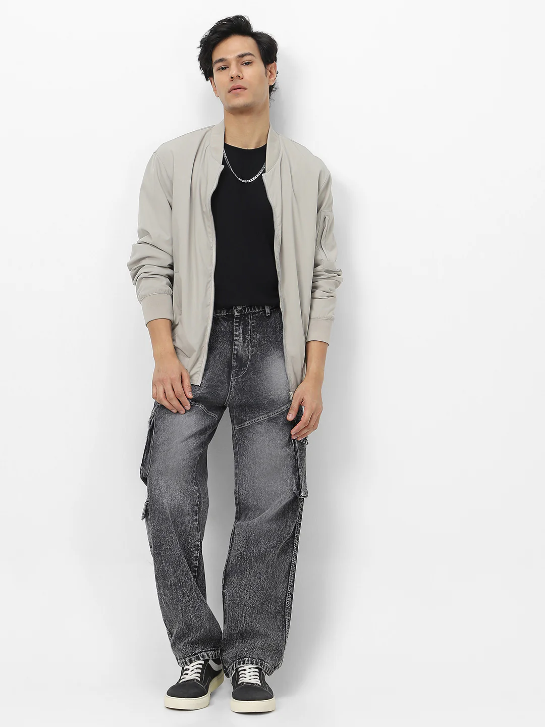 Men's Grey Loose Fit Cargo Jeans With 7 Pockets Non Stretchable - Image 4