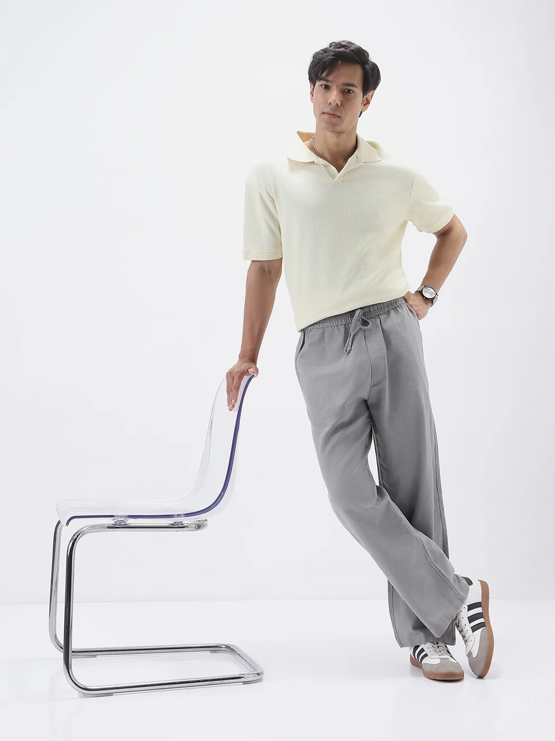 Men's Grey Loose Fit Solid Linen Blend Trousers Non-Stretchable - Image 4