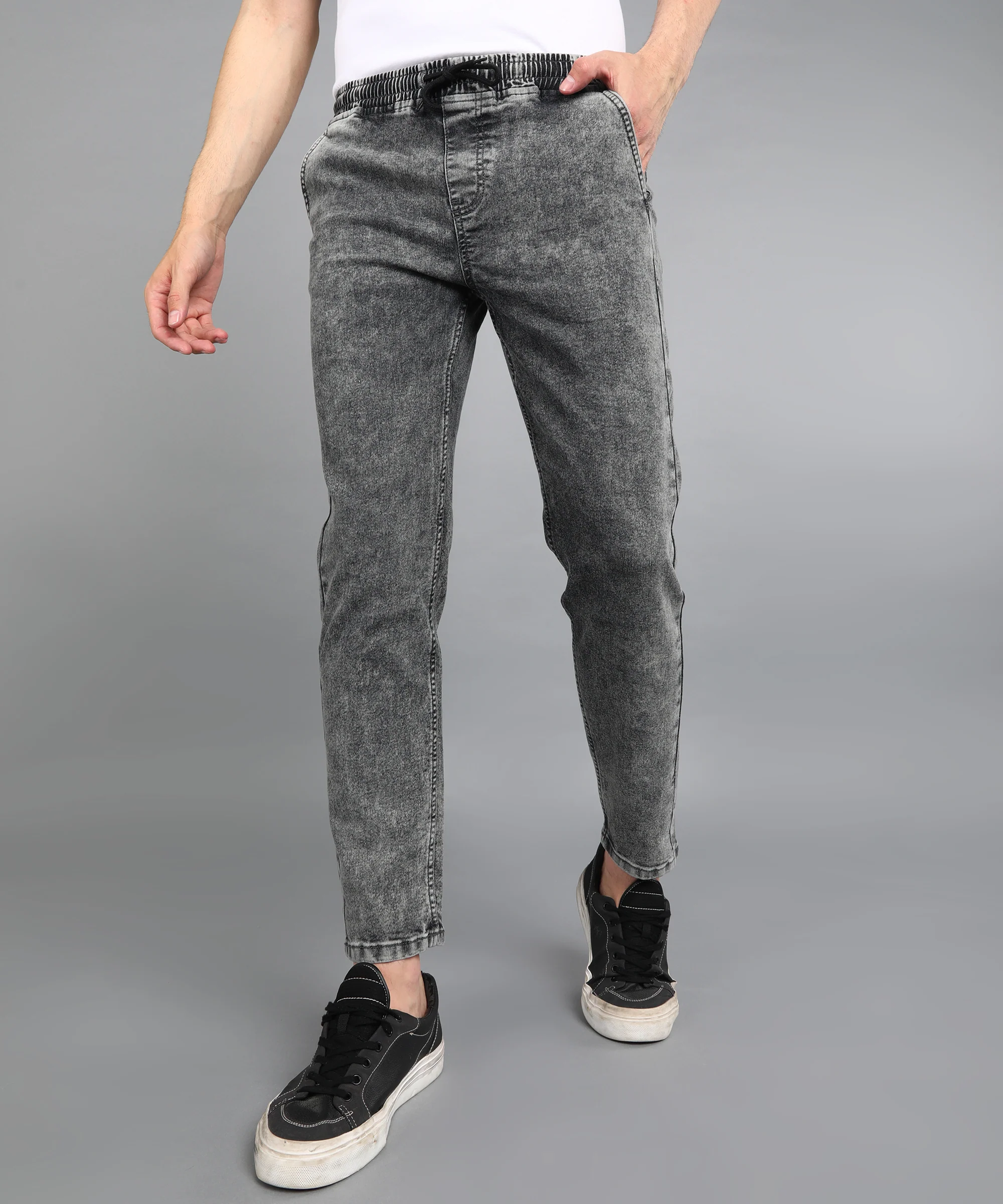 Men's Grey Regular Fit Washed Jogger Jeans Stretchable - Image 2