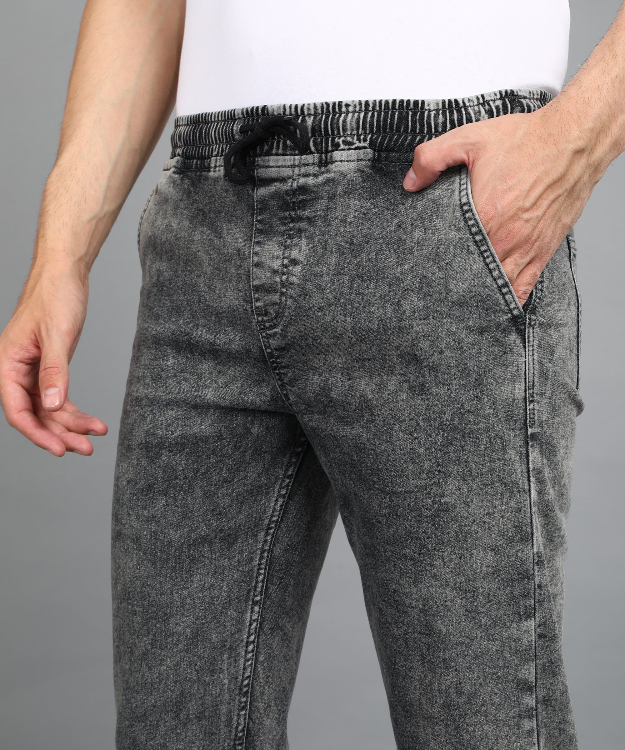 Men's Grey Regular Fit Washed Jogger Jeans Stretchable - Image 6