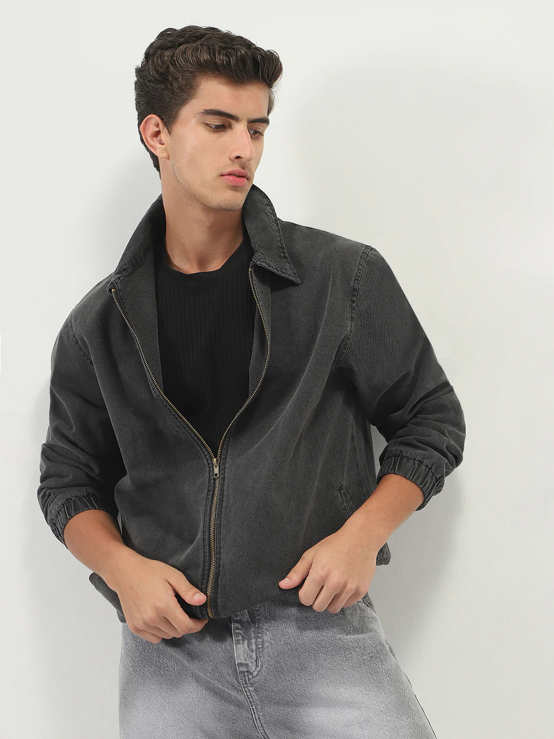 Men's Grey Relaxed Fit Full Sleeve Harrington Denim Jacket - Image 2