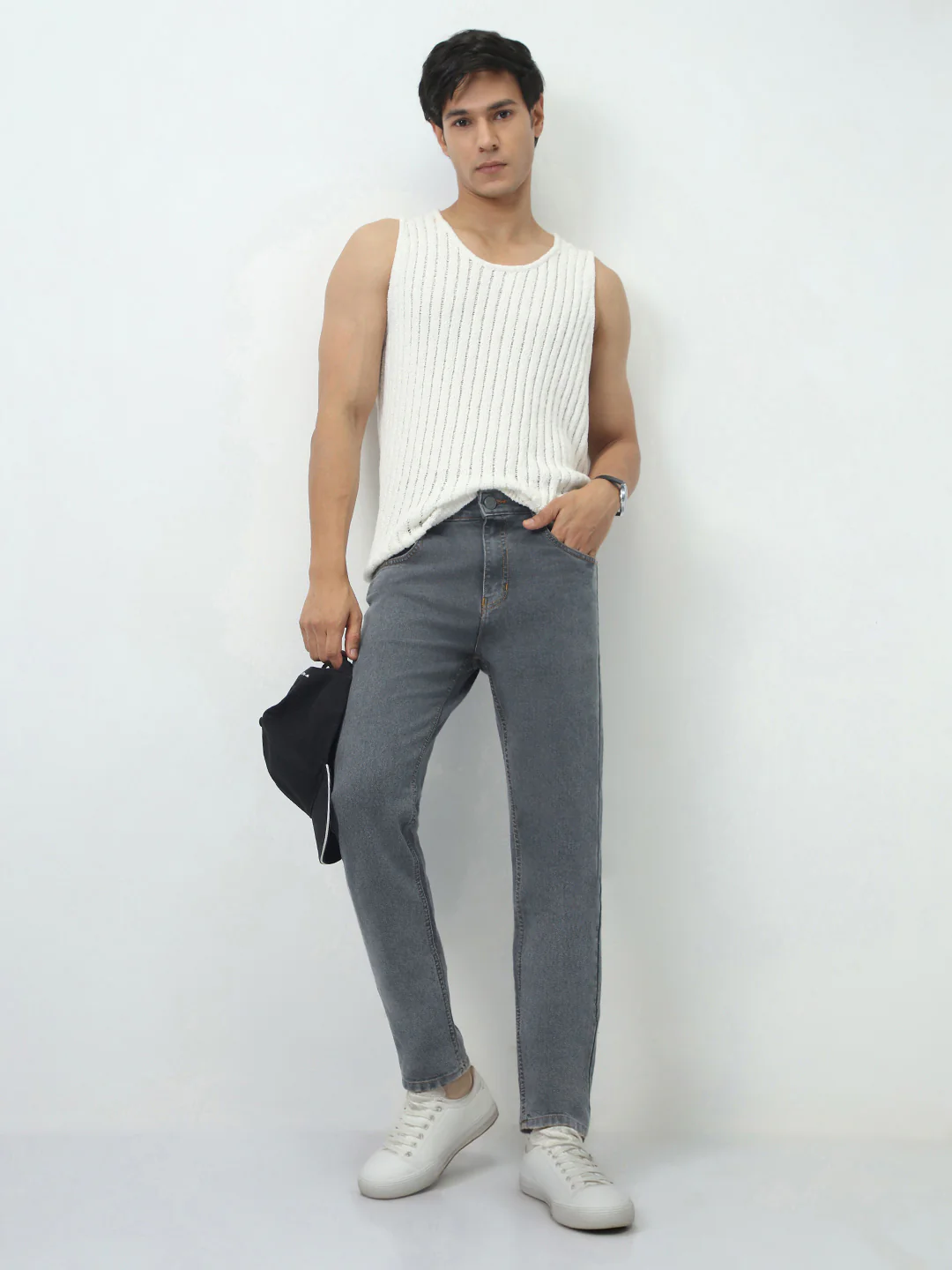 Men's Grey Slim Fit Washed Denim Jeans Stretchable - Image 4
