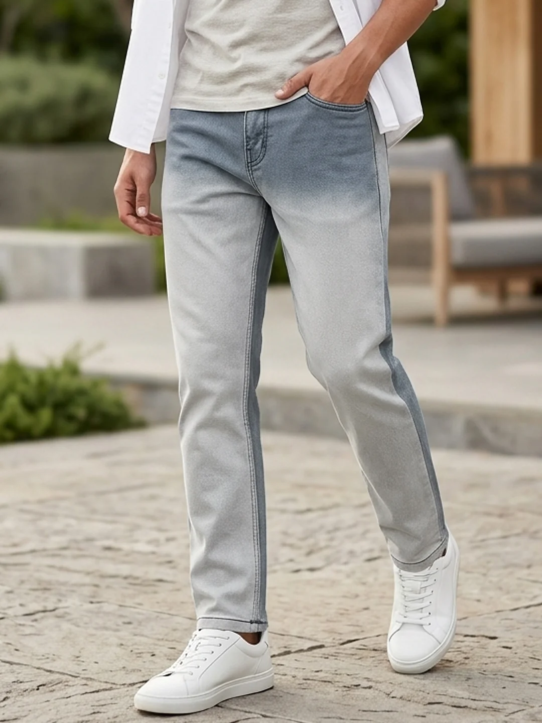 Men's Grey Straight Fit Heavy Washed Faded Denim Jeans Stretchable