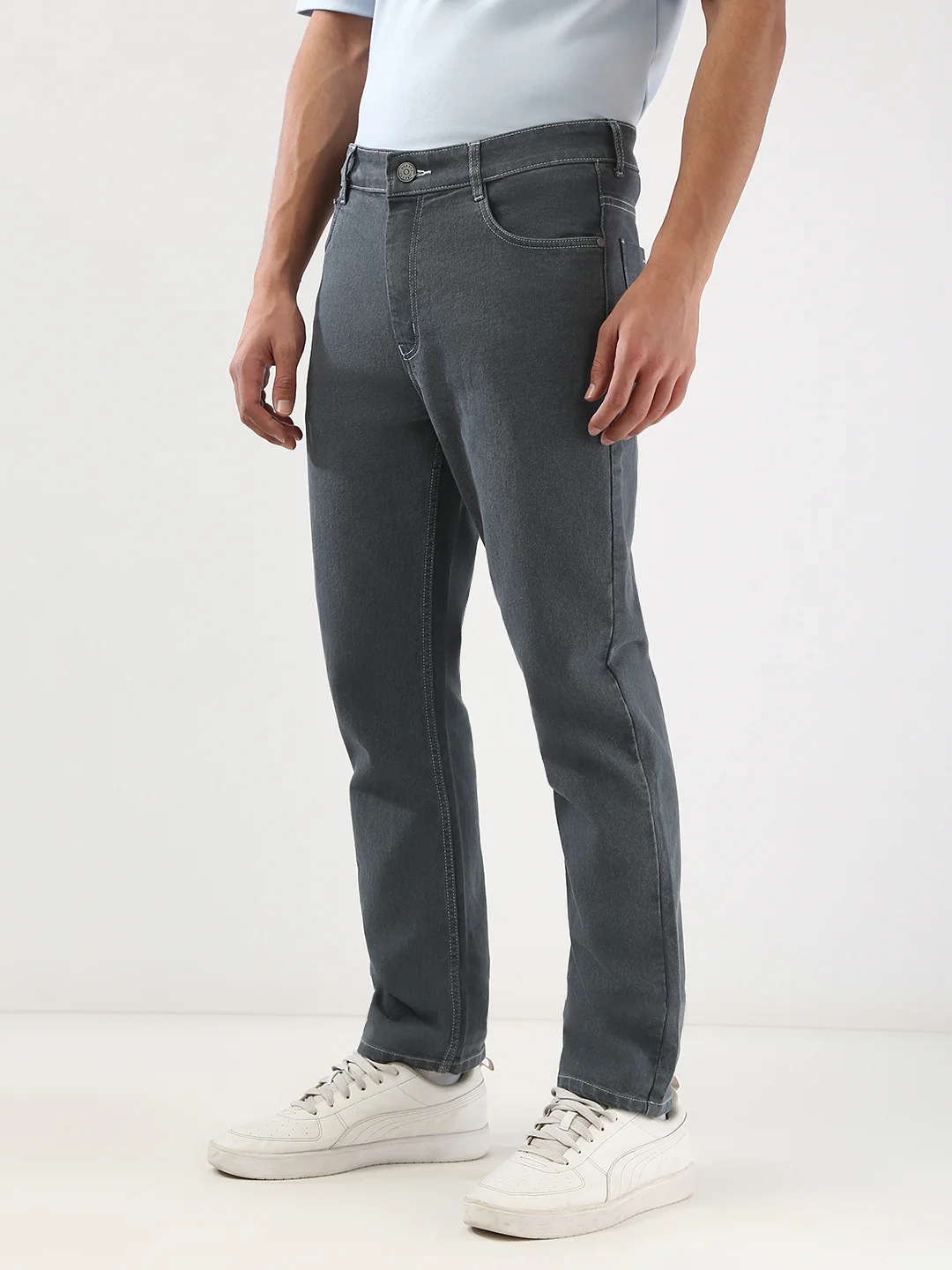 Men's Grey Straight Fit Washed Jeans Stretchable - Image 2