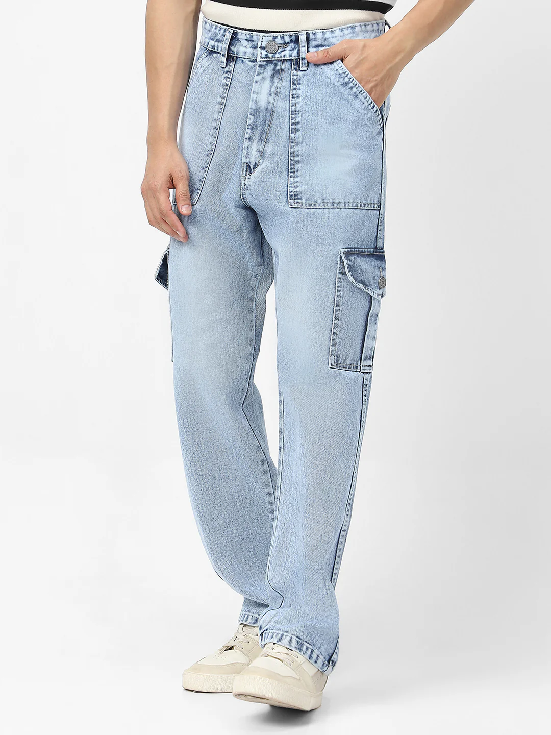 Men's Ice Blue Loose Fit Cargo Jeans With 6 Pockets Non Stretchable - Image 2