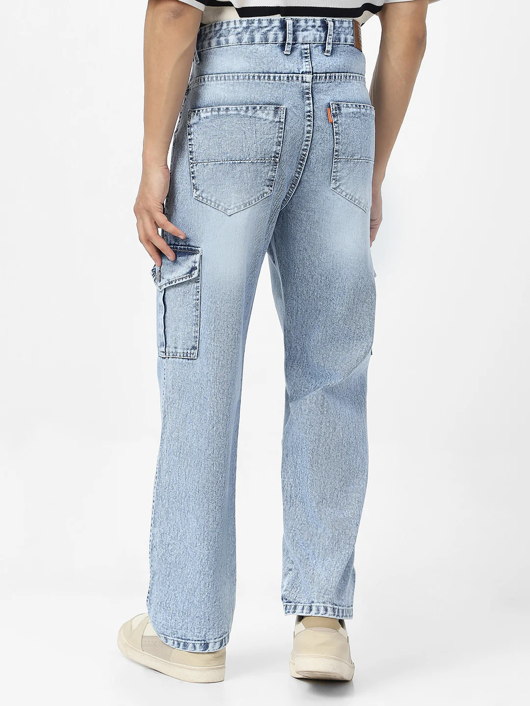 Men's Ice Blue Loose Fit Cargo Jeans With 6 Pockets Non Stretchable - Image 3