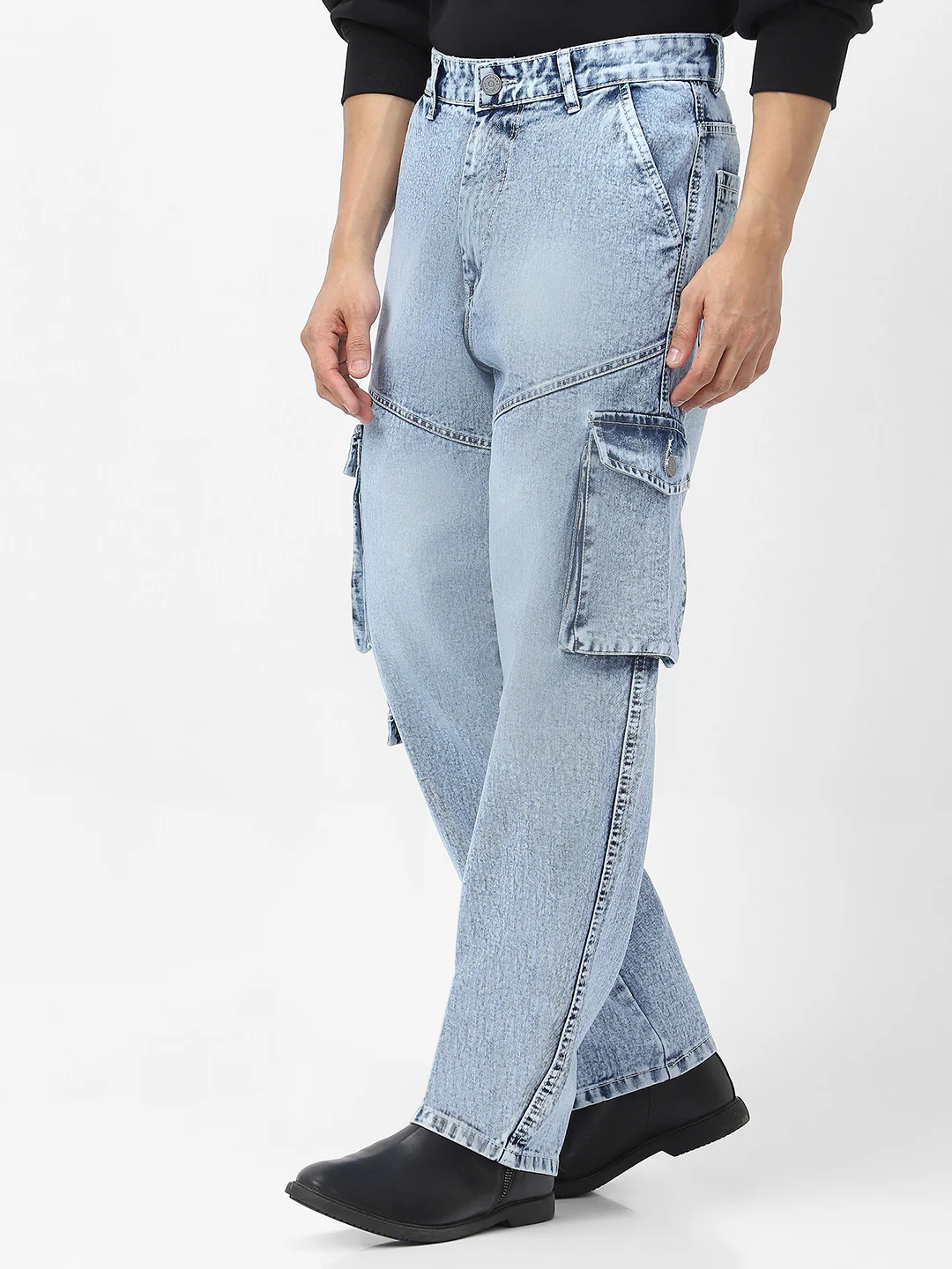 Men's Ice Blue Loose Fit Cargo Jeans With 7 Pockets Non Stretchable - Image 2