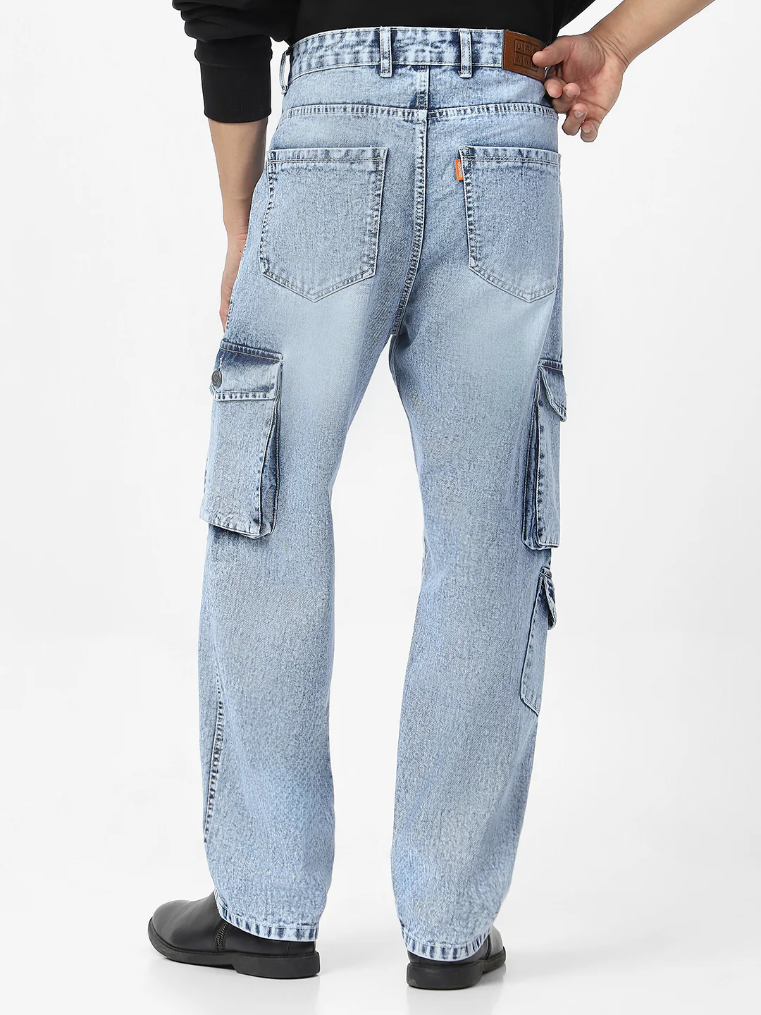 Men's Ice Blue Loose Fit Cargo Jeans With 7 Pockets Non Stretchable - Image 3