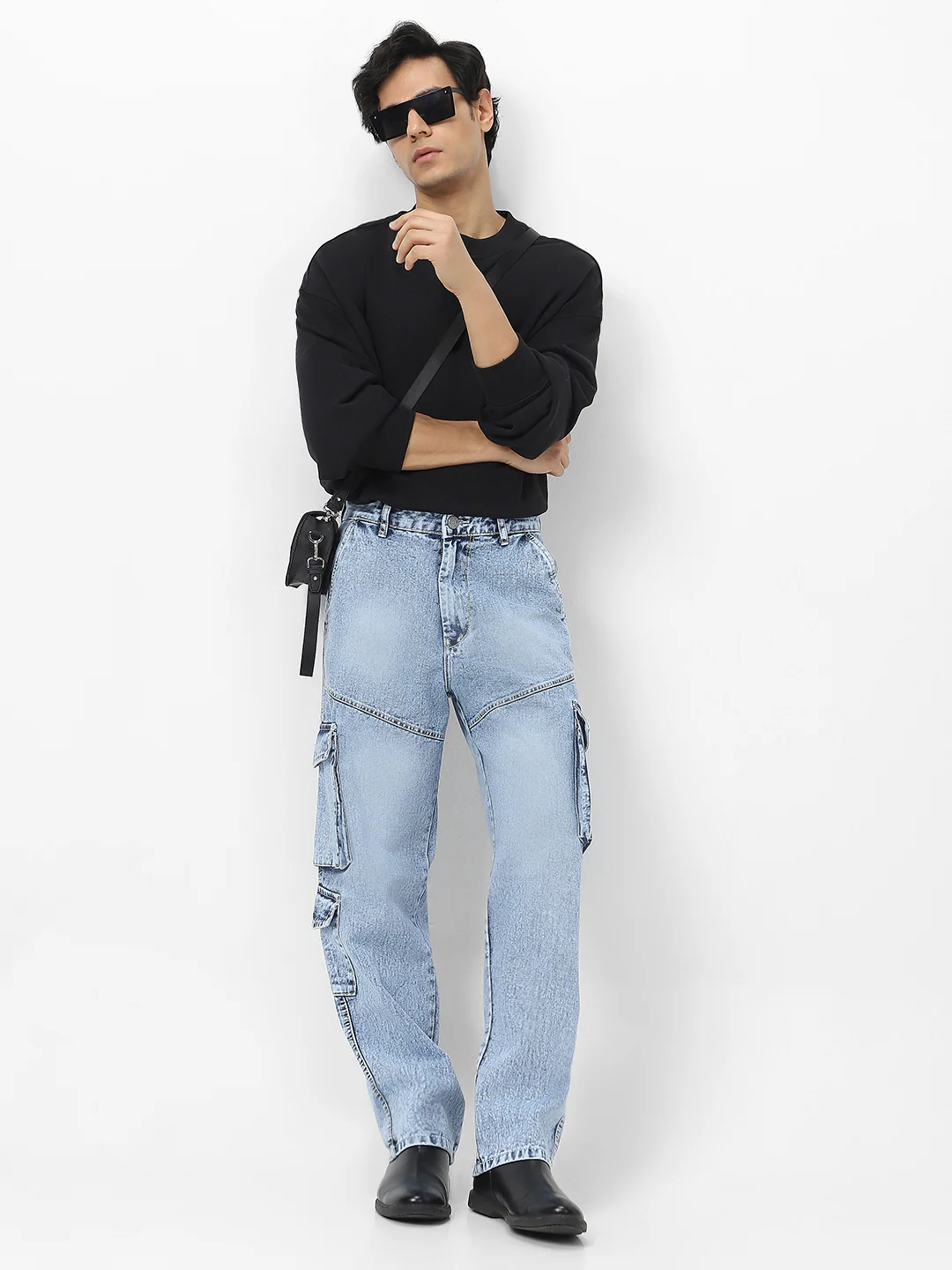 Men's Ice Blue Loose Fit Cargo Jeans With 7 Pockets Non Stretchable - Image 4