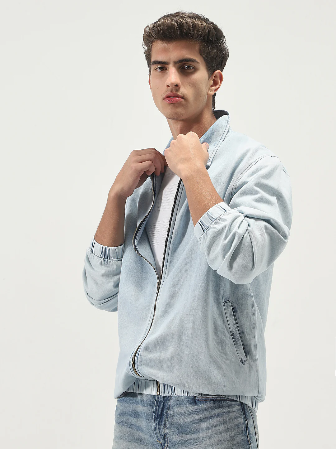 Men's Ice Blue Relaxed Fit Full Sleeve Harrington Denim Jacket - Image 2