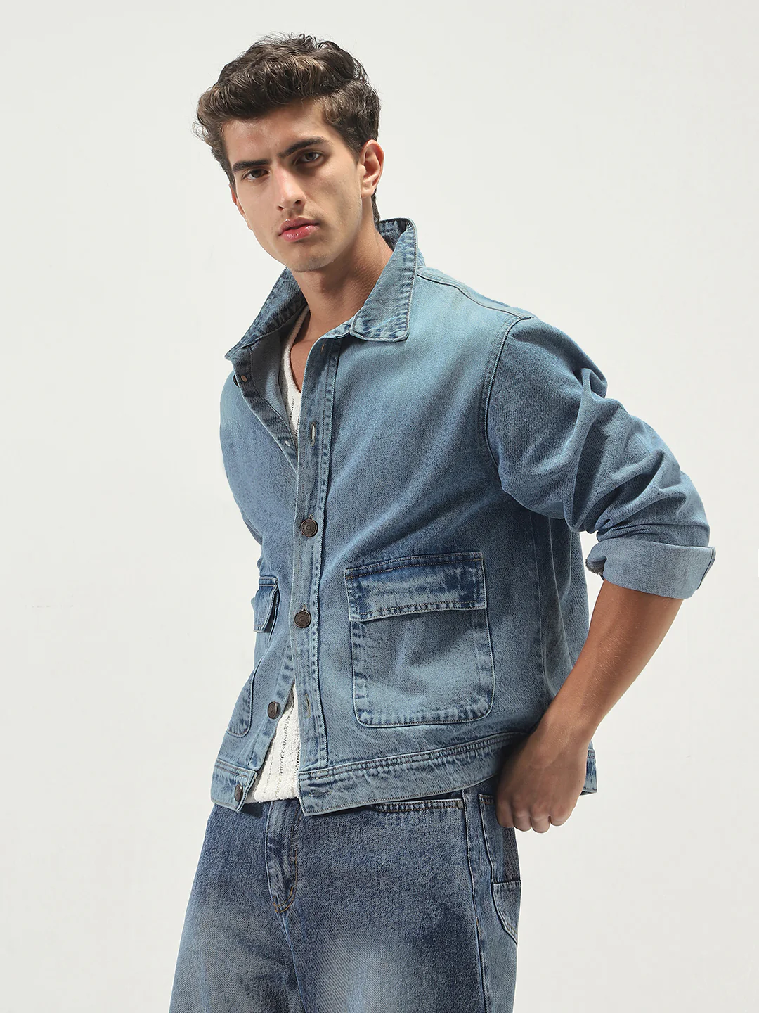 Men's Ice Blue Relaxed Fit Full Sleeve Utility Denim Jacket - Image 2