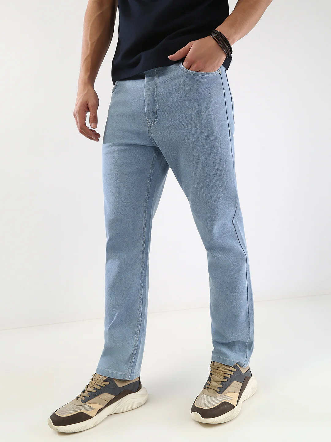Men's Ice Blue Straight Fit Washed Jeans Stretchable