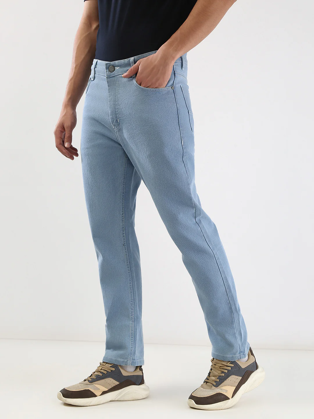 Men's Ice Blue Straight Fit Washed Jeans Stretchable - Image 2