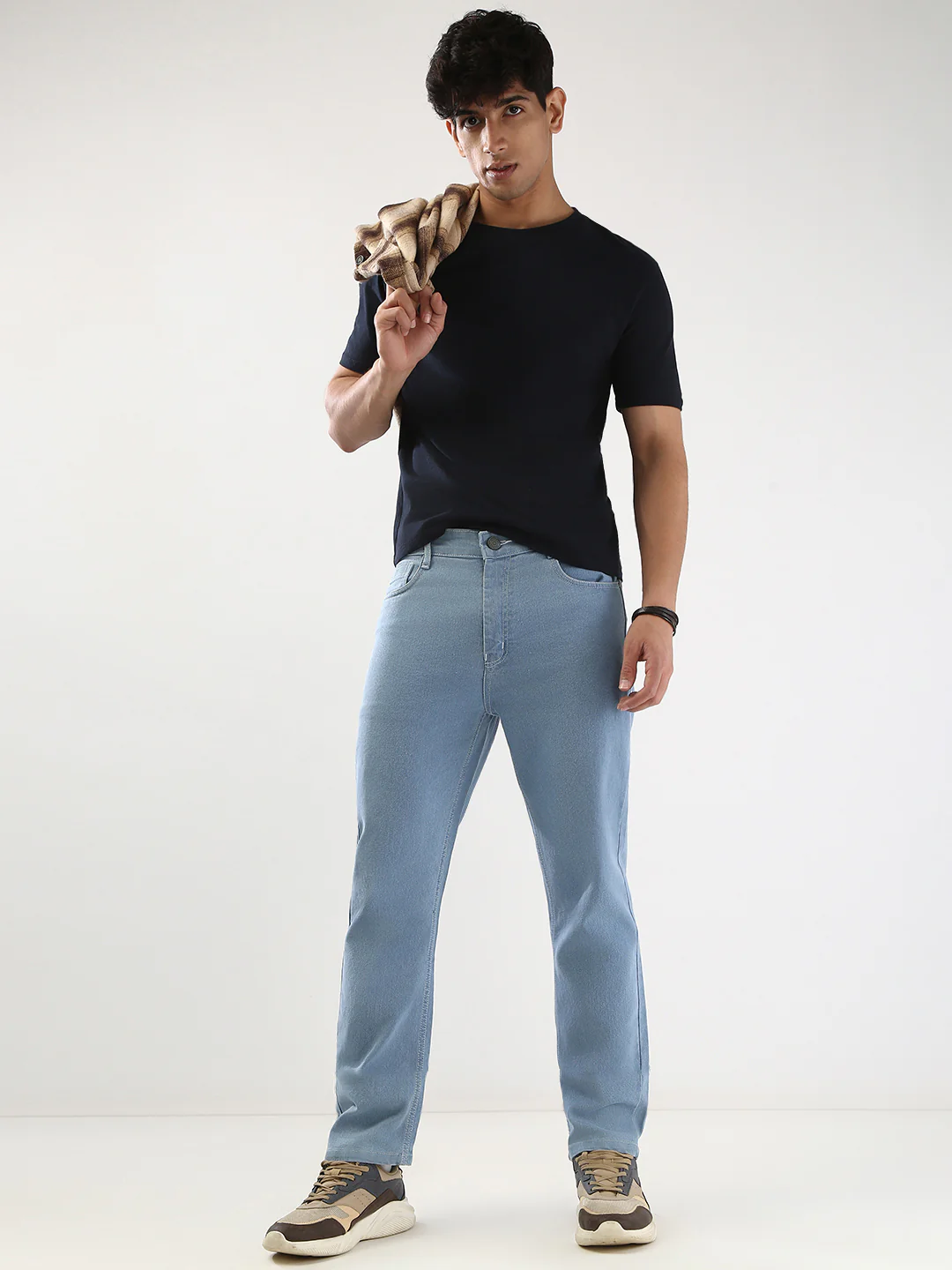 Men's Ice Blue Straight Fit Washed Jeans Stretchable - Image 4