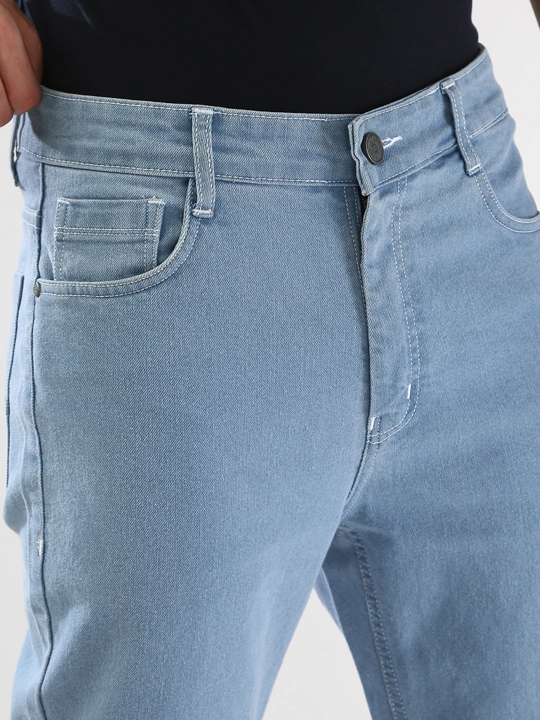 Men's Ice Blue Straight Fit Washed Jeans Stretchable - Image 5
