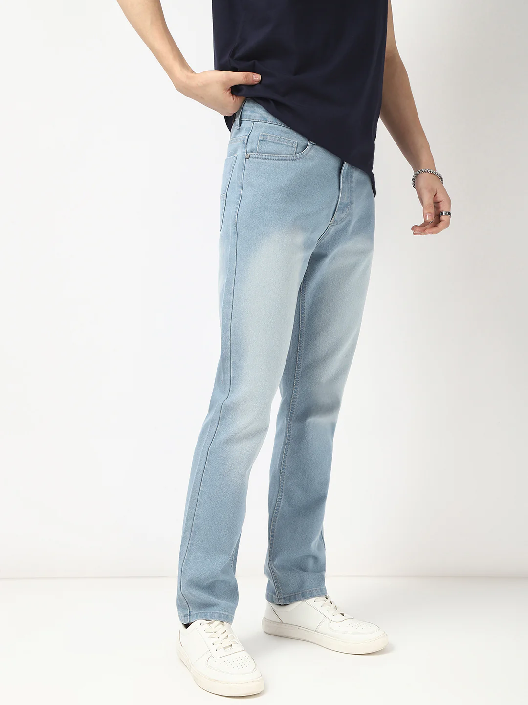 Men's Ice Blue Straight Fit Washed Jeans Stretchable - Image 2