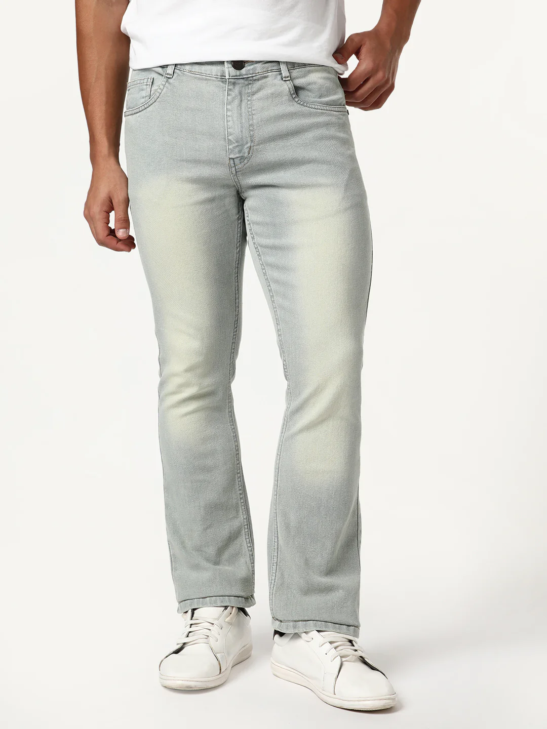 Men's Ice Grey Bootcut Fit Mid Rise Tinted Heavy Washed Jeans Stretchable - Image 2