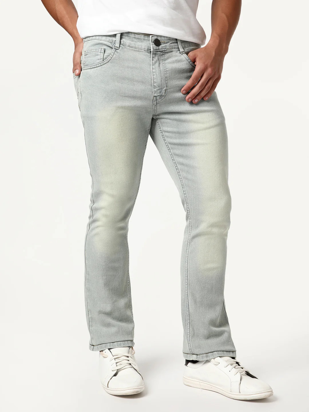 Men's Ice Grey Bootcut Fit Mid Rise Tinted Heavy Washed Jeans Stretchable - Image 3