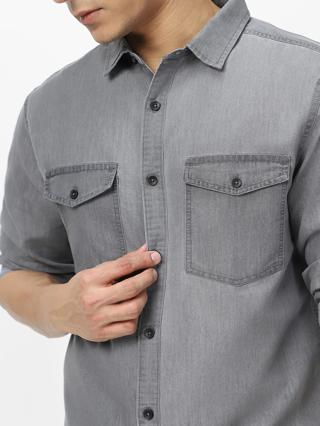 Men's Ice Grey Full Sleeve Regular Fit Casual Denim Shirt - Image 6
