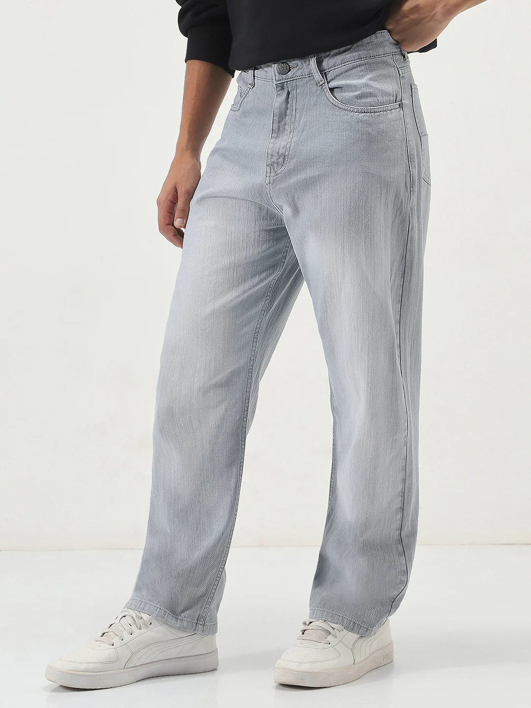 Men's Ice Grey Loose Baggy Fit Washed Denim Jeans Non-Stretchable - Image 2