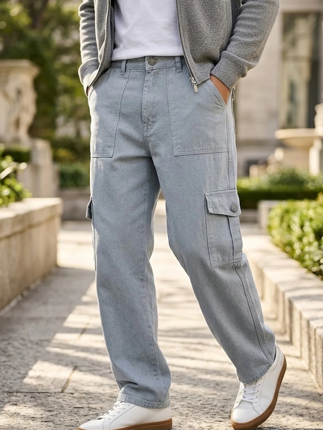 Men's Ice Grey Loose Fit Cargo Jeans with 6 Pockets Non-Stretchable