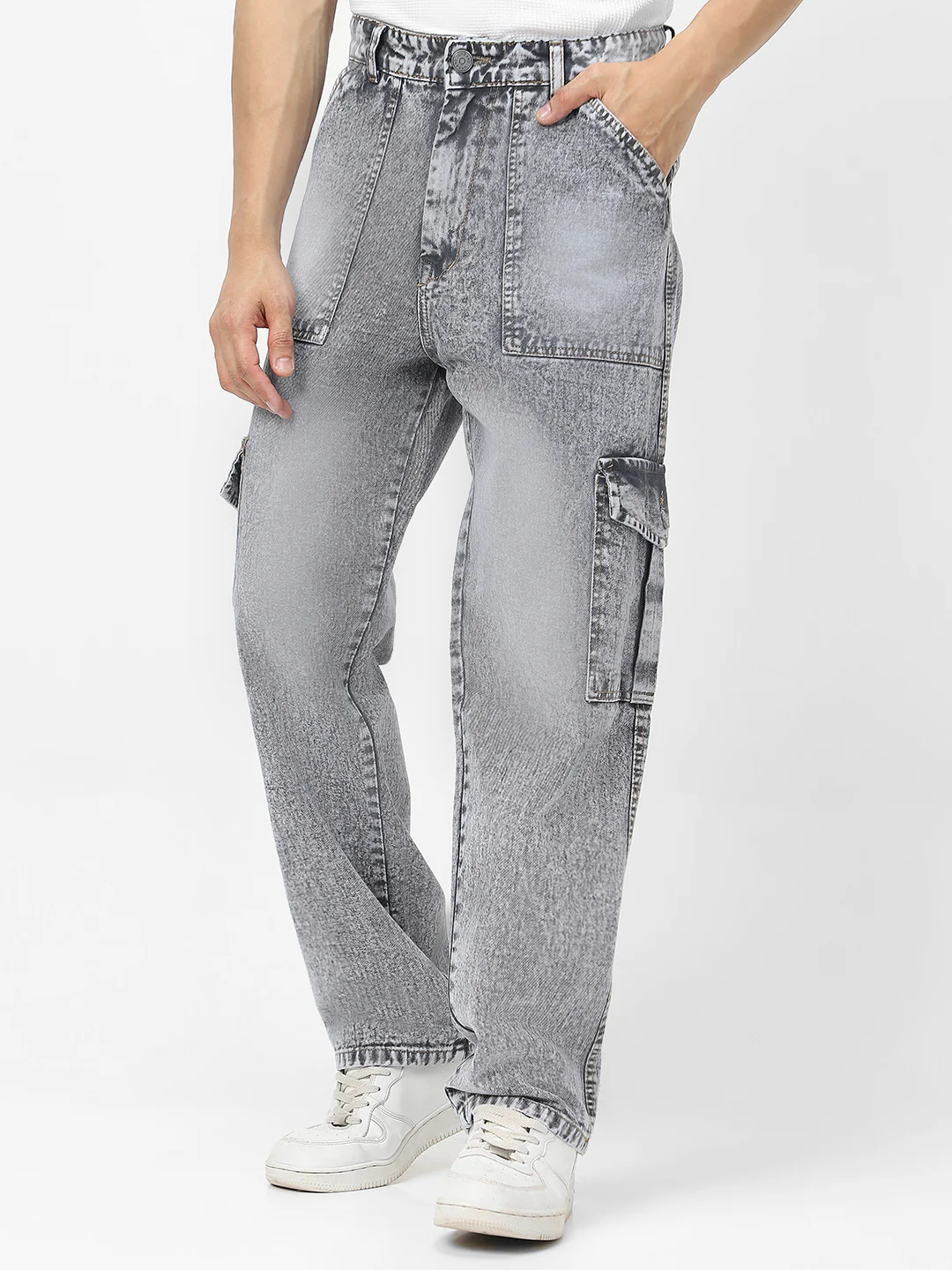 Men's Ice Grey Loose Fit Cargo Jeans With 6 Pockets Non Stretchable - Image 2