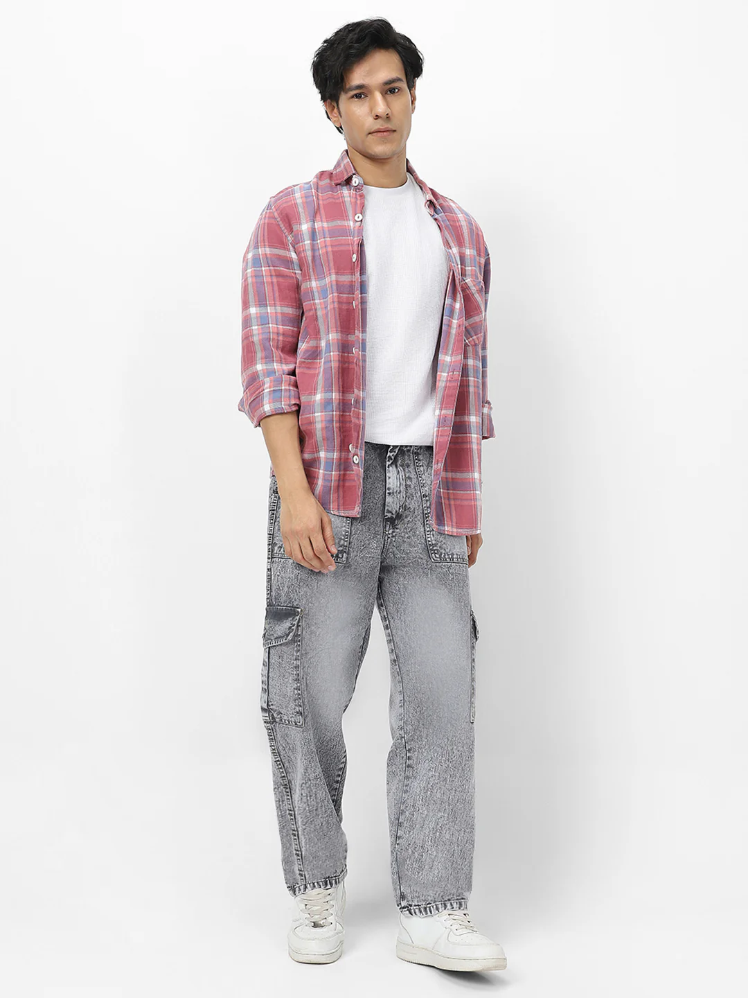 Men's Ice Grey Loose Fit Cargo Jeans With 6 Pockets Non Stretchable - Image 4