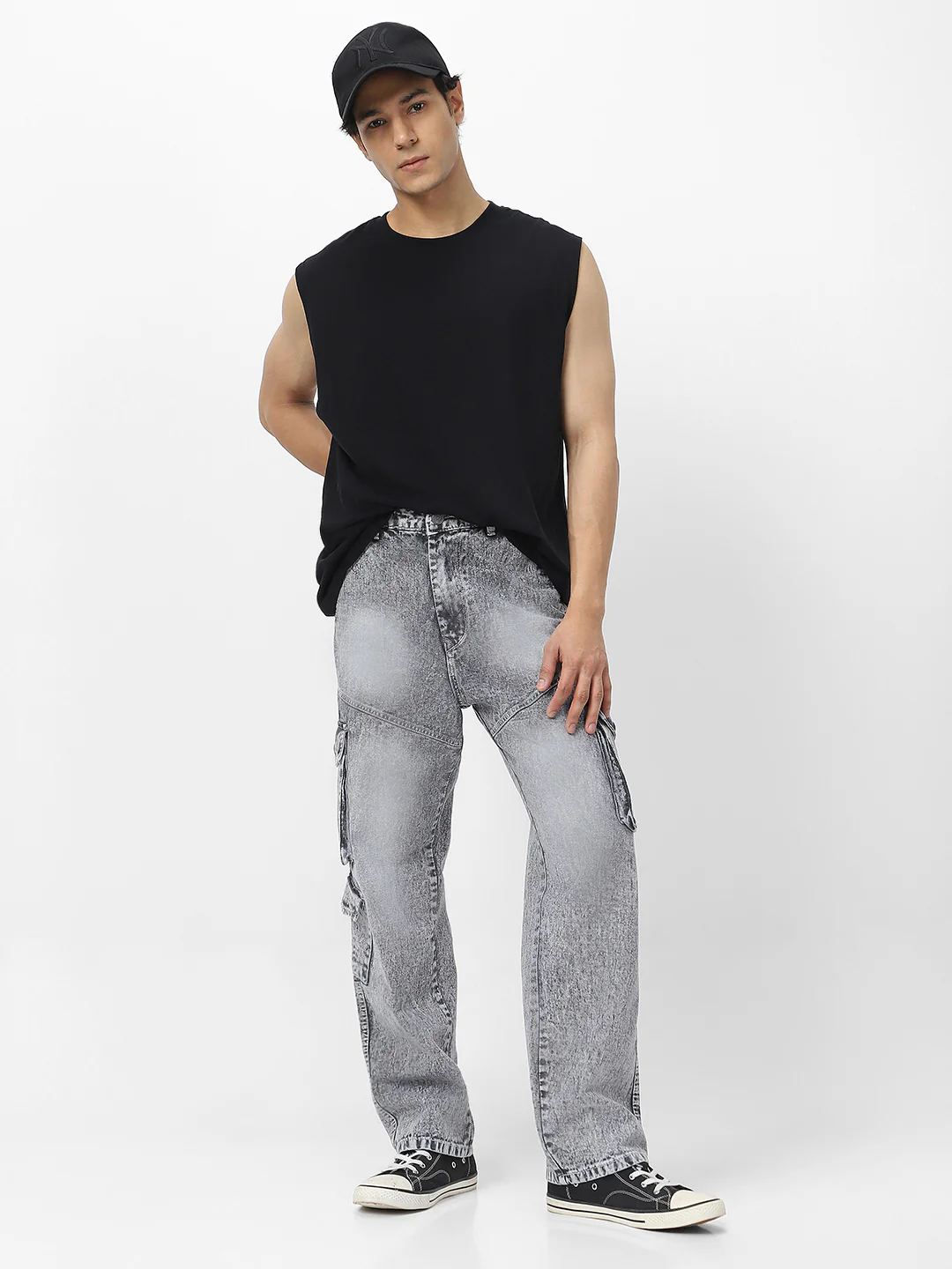 Men's Ice Grey Loose Fit Cargo Jeans With 7 Pockets Non Stretchable - Image 4