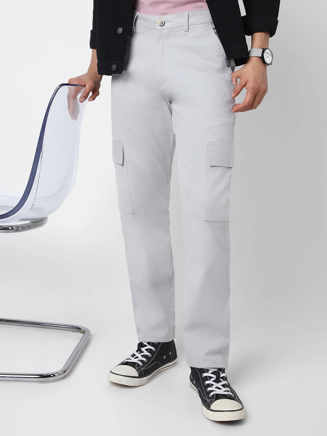 Men's Ice Grey Regular Fit Solid Cargo Chino Pant with 6 Pockets Stretchable - Image 2