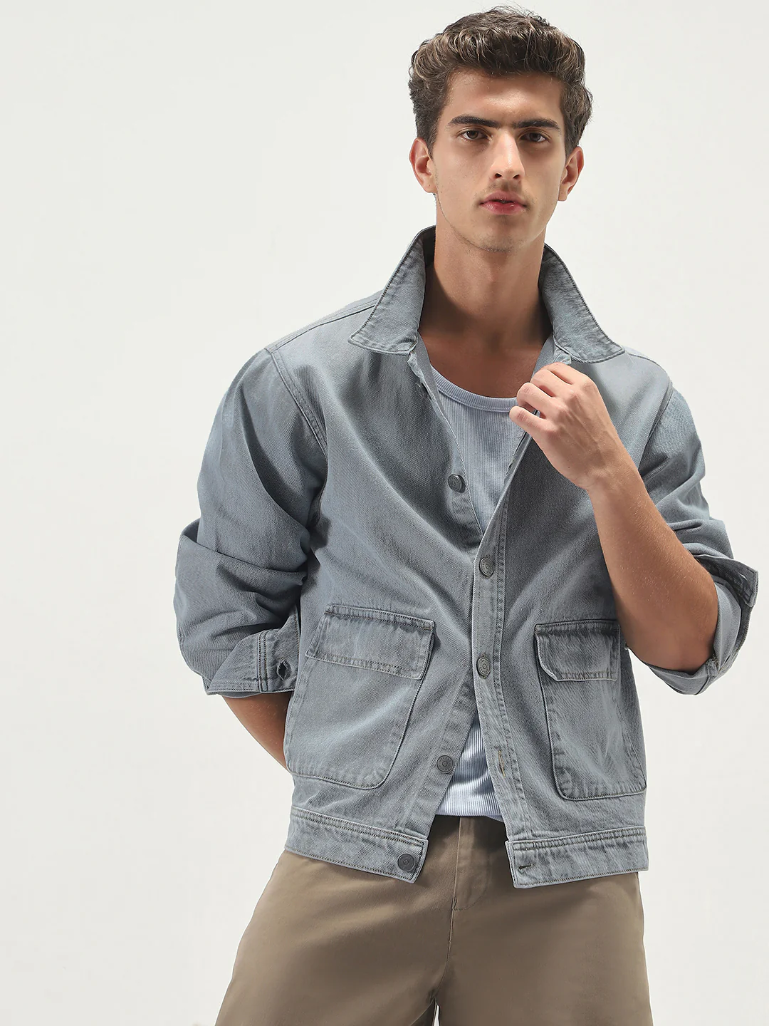 Men's Ice Grey Relaxed Fit Full Sleeve Utility Denim Jacket