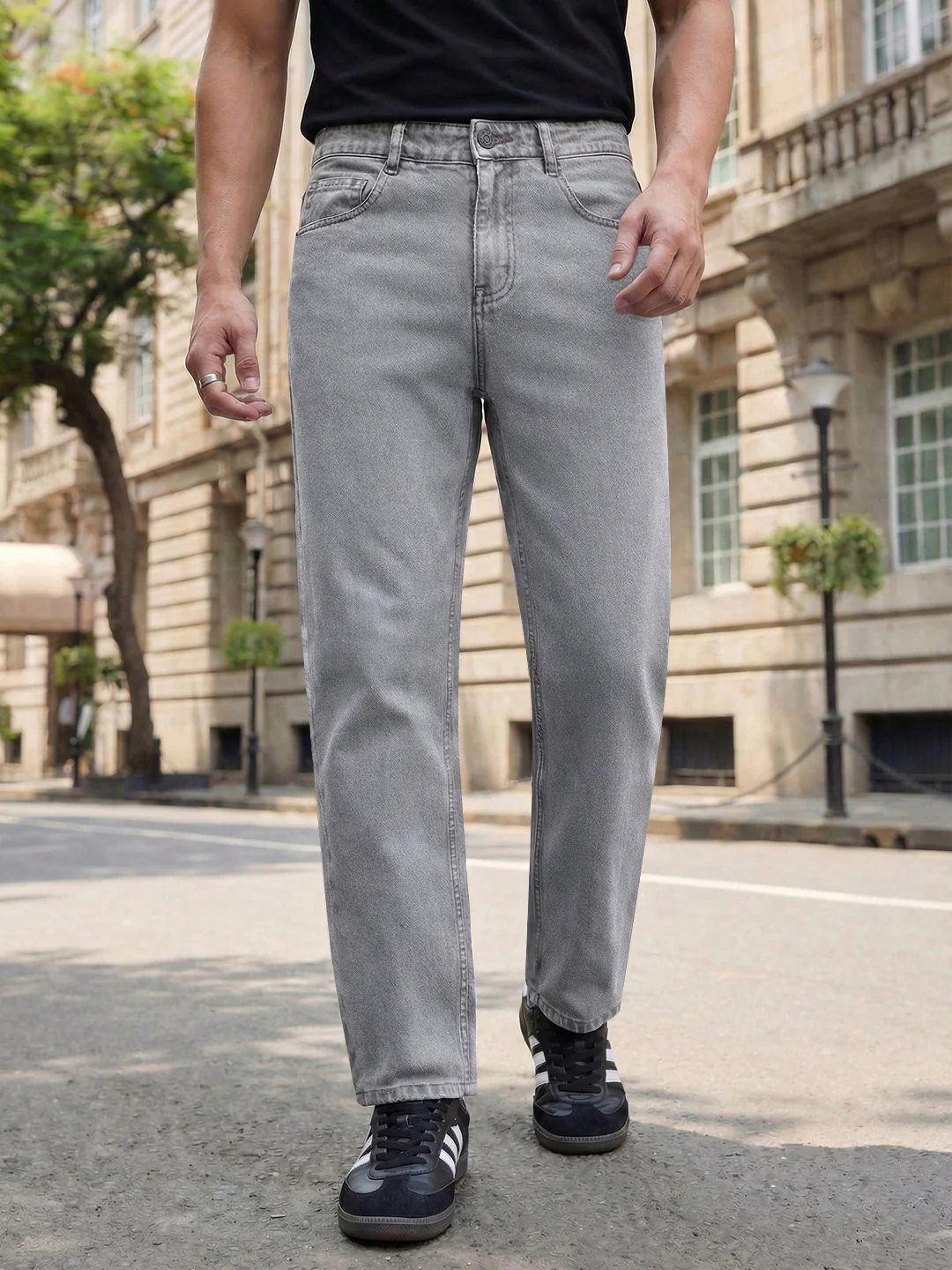 Men's Ice Grey Relaxed Fit Washed Denim Jeans Non-Stretchable