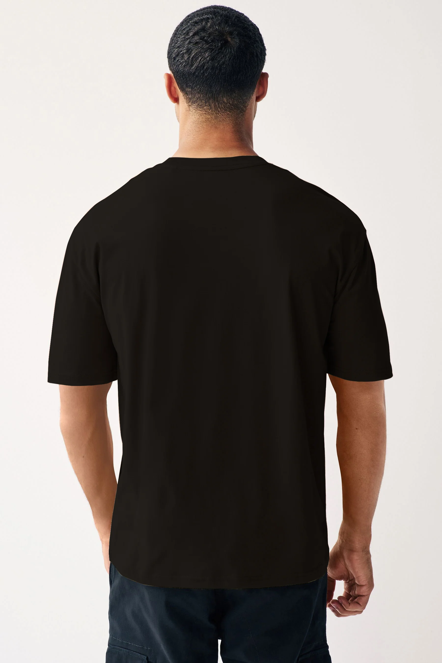 Men's Jet Black Solid Round Neck Oversized Half Sleeve Cotton T-Shirt - Image 3