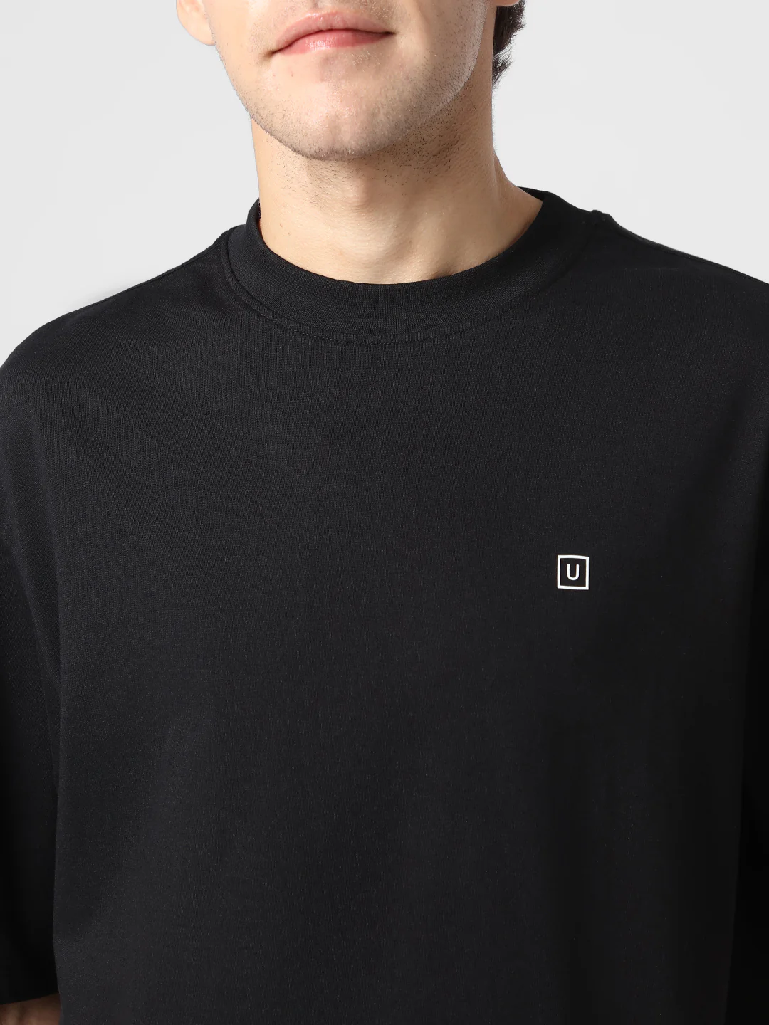 Men's Jet Black Solid Round Neck Oversized Half Sleeve Cotton T-Shirt - Image 6