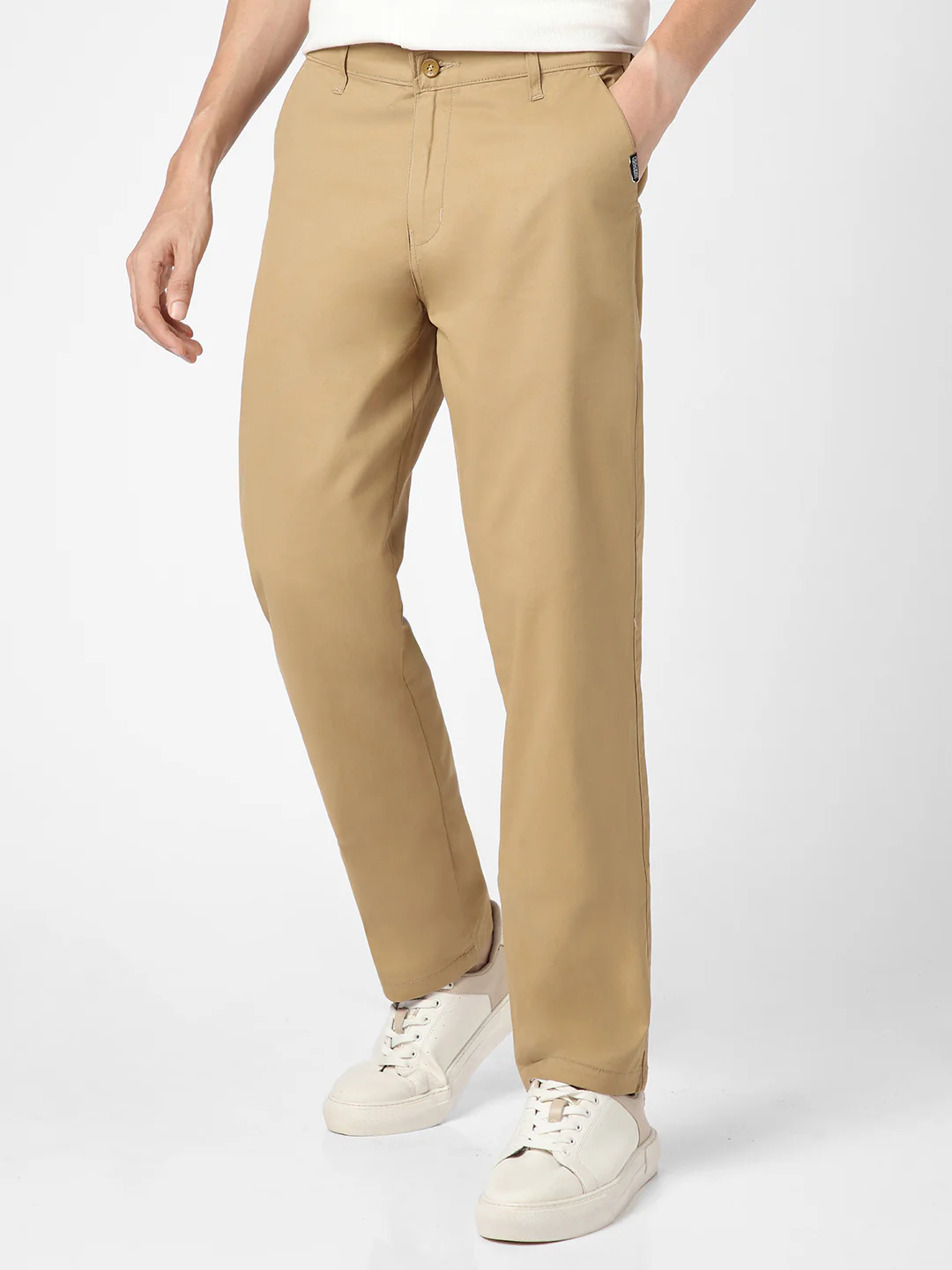Men's Khaki Cotton Regular Fit Casual Chinos Trousers Stretch - Image 2