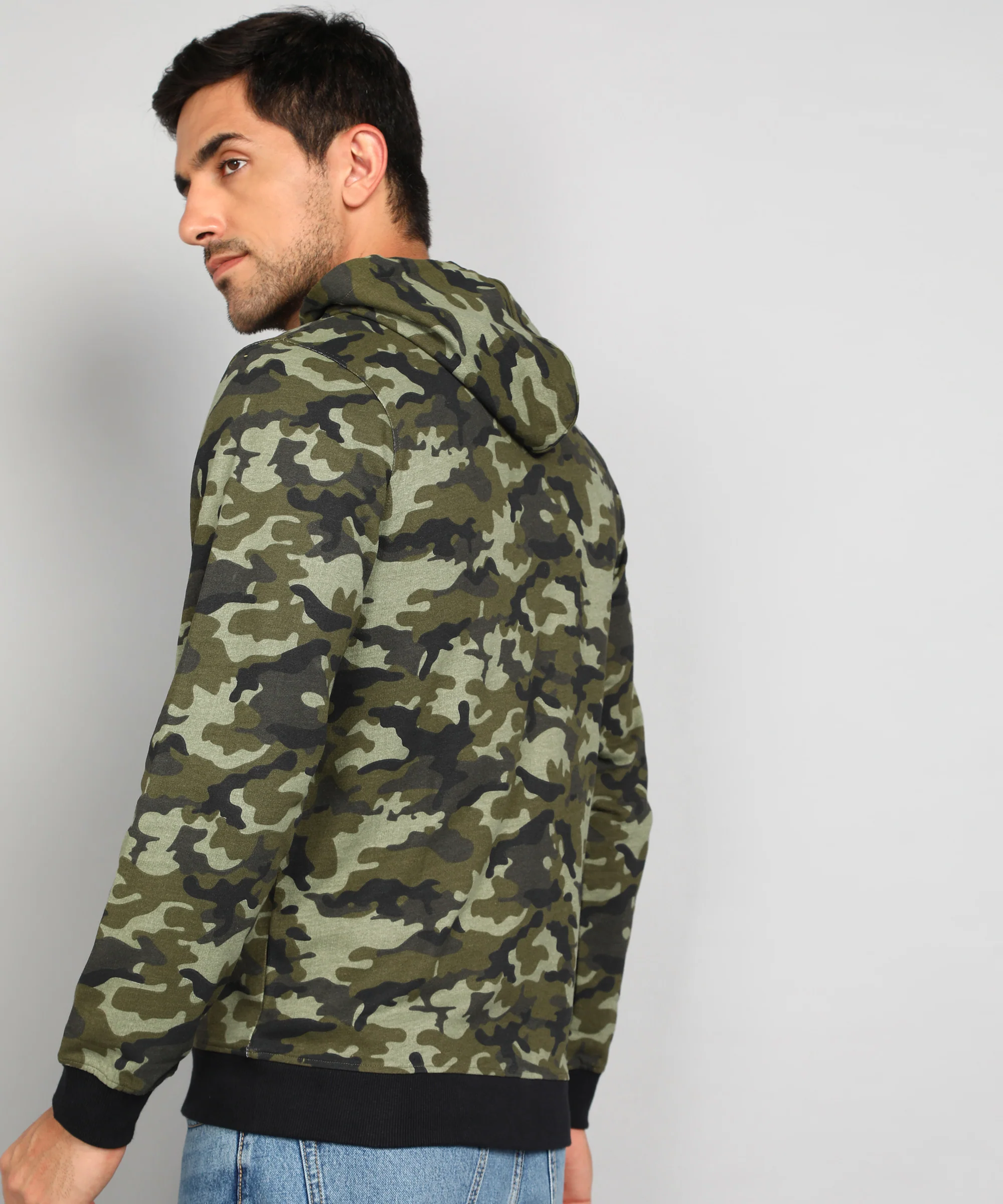 Men's Khaki Green Regular Fit Camouflage Printed Full Sleeve Casual Hooded Sweatshirt - Image 3