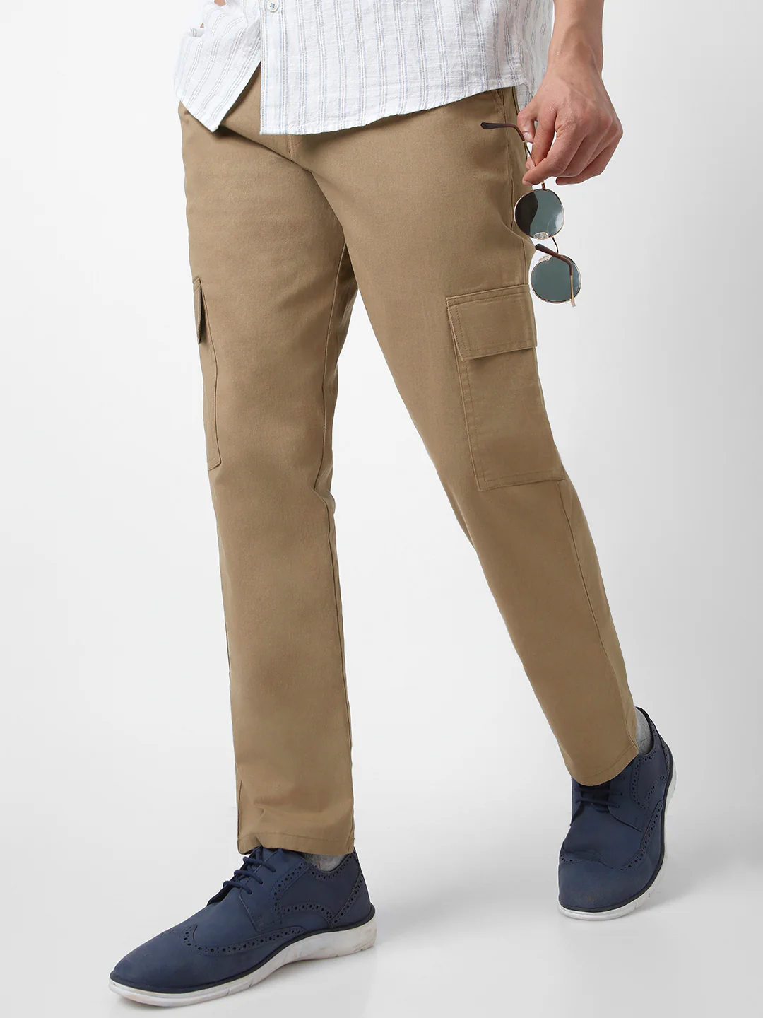 Men's Khaki Regular Fit Solid Cargo Chino Pant with 6 Pockets Stretchable