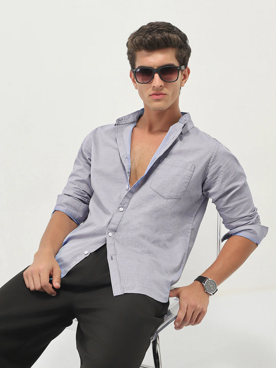 Men's Lavender Cotton Full Sleeve Regular Fit Casual Solid Slub Shirt with Spread Collar