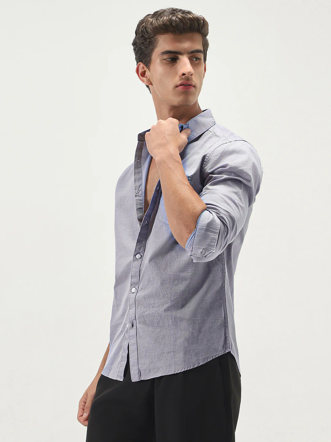 Men's Lavender Cotton Full Sleeve Regular Fit Casual Solid Slub Shirt with Spread Collar - Image 2