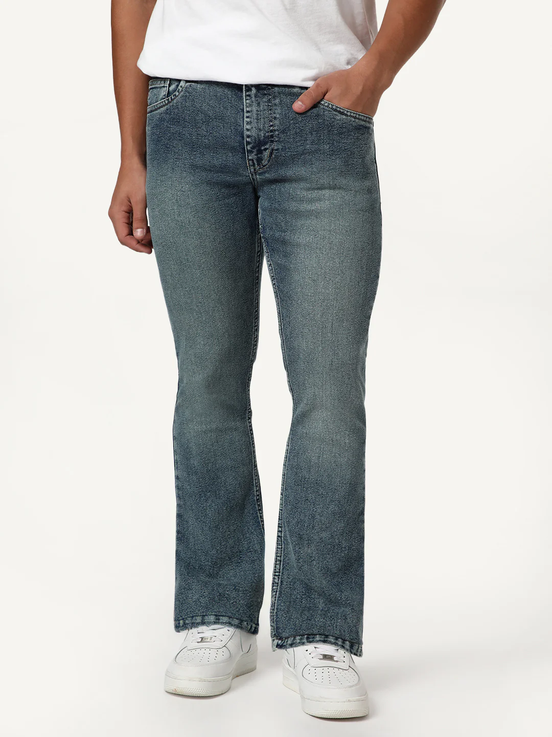Men's Light Blue Bootcut Fit Mid Rise Tinted Heavy Washed Jeans Stretchable