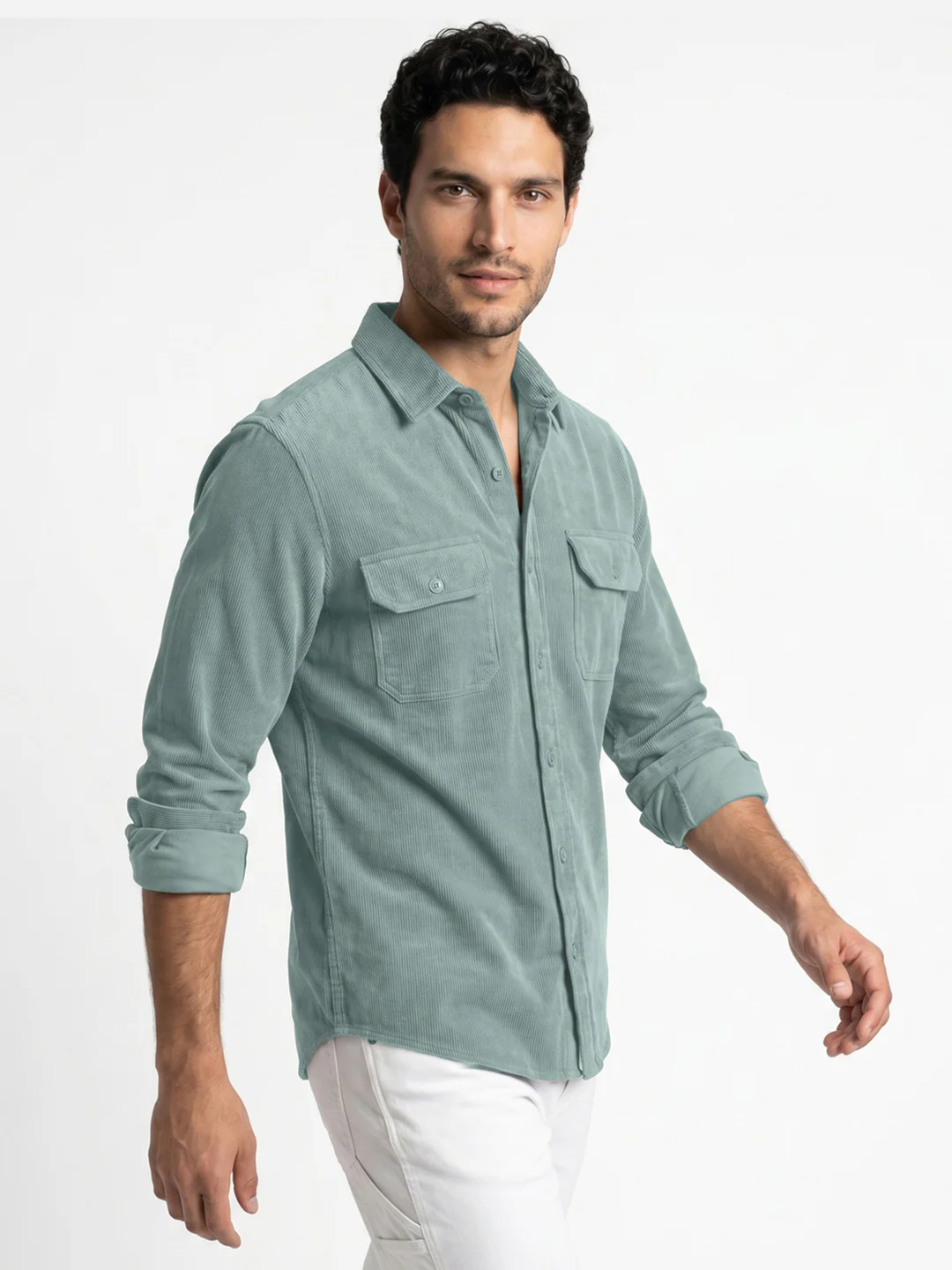 Men's Light Blue Corduroy Full Sleeve Regular Fit Solid Overshirt with Utility Pockets - Image 2