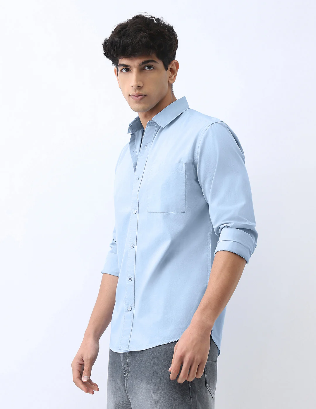Men's Light Blue Cotton Full Sleeve Regular Fit Casual Solid Shirt - Image 2